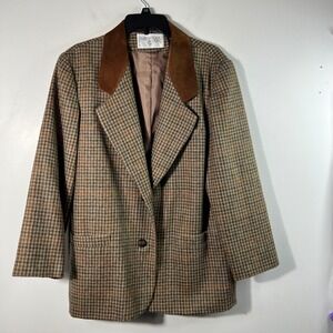 Womens Vintage International Scene Wool Leather Trim Blazer Houndstooth 12